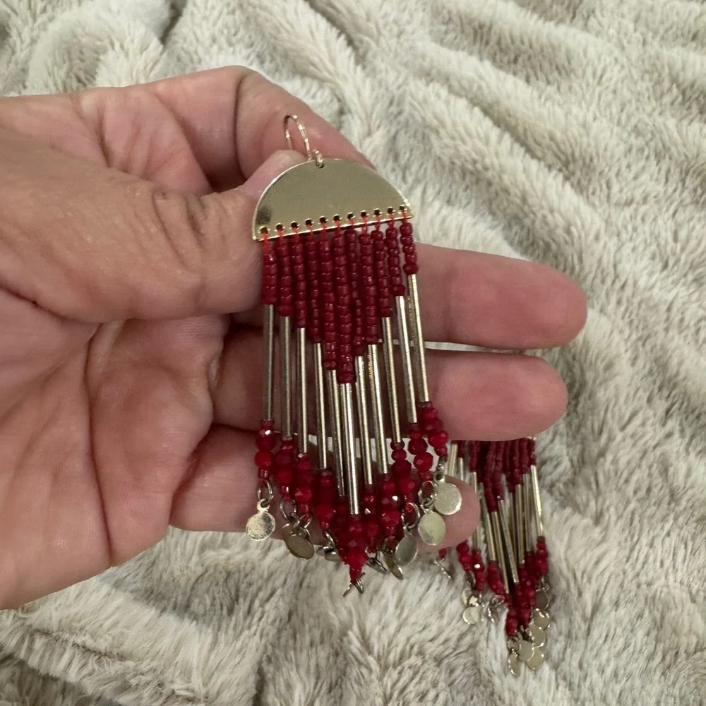 Red Beaded Fringe Earrings | Boho Dangle Statement - Picture 2 of 3